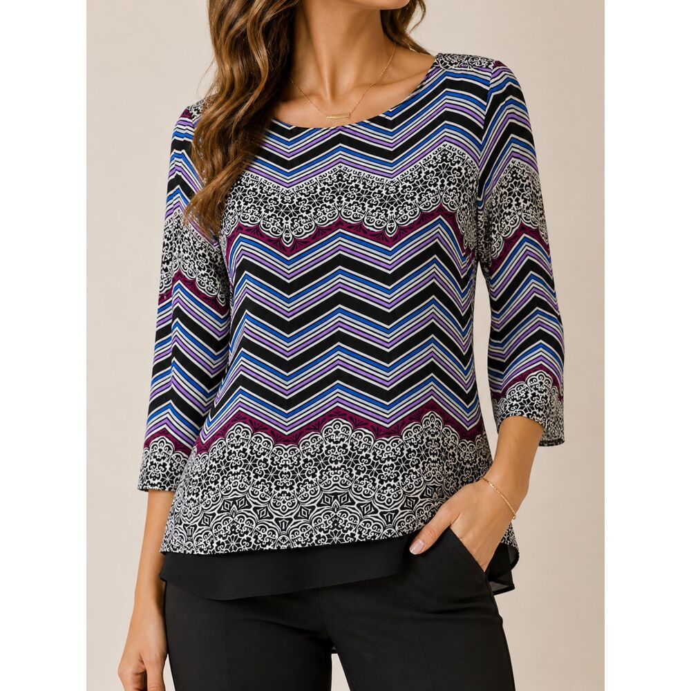 Dana Buchman Layered Chevron Print Blouse Small Sheer Back Detail